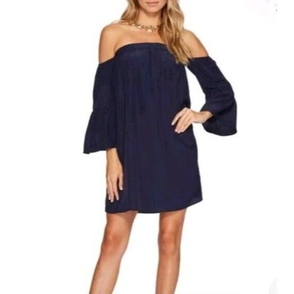 Lilly Pulitzer Dress Women S Sanilla Off The Shoulder Silk Navy Bell Sleeve Mini - Picture 8 of 14